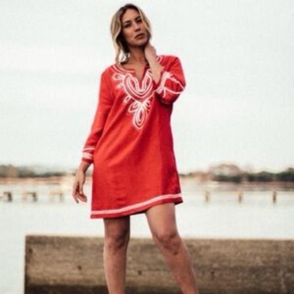 Les Canebiers Orange Embroidered Tunic Dress Two Side Pockets 3/4 Sleeves Size L